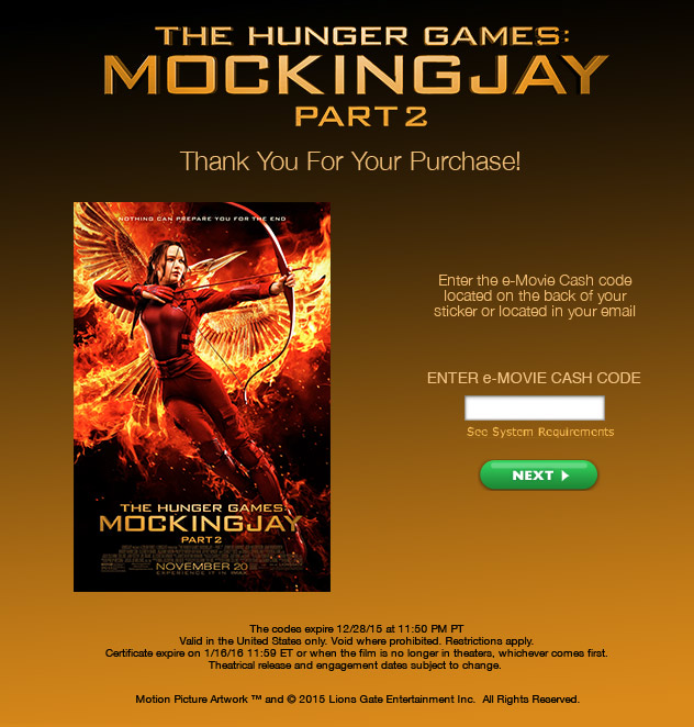 Lions Gate THE HUNGER GAMES MOCKINGJAY PART 2 TPG Rewards